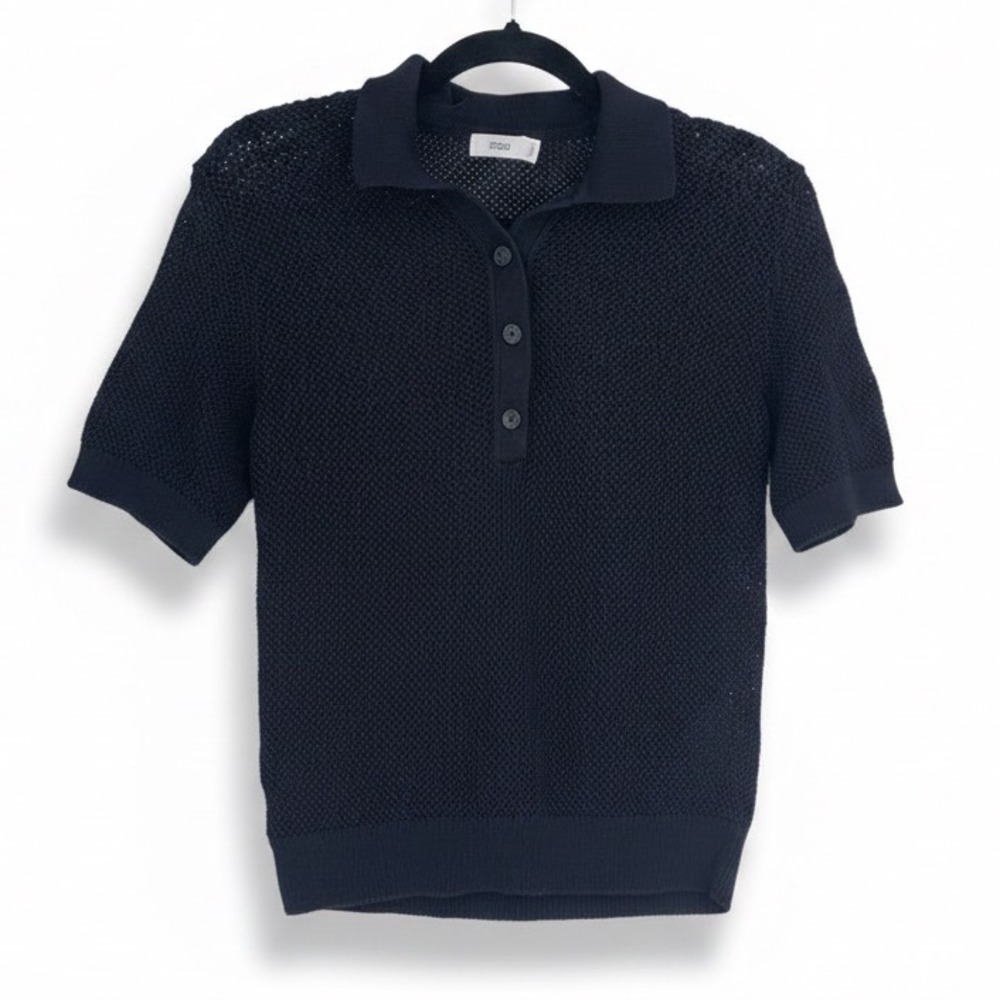 Closed Women's Black Androgynous Mesh Knit Collared Placket Polo Shirt Size 24